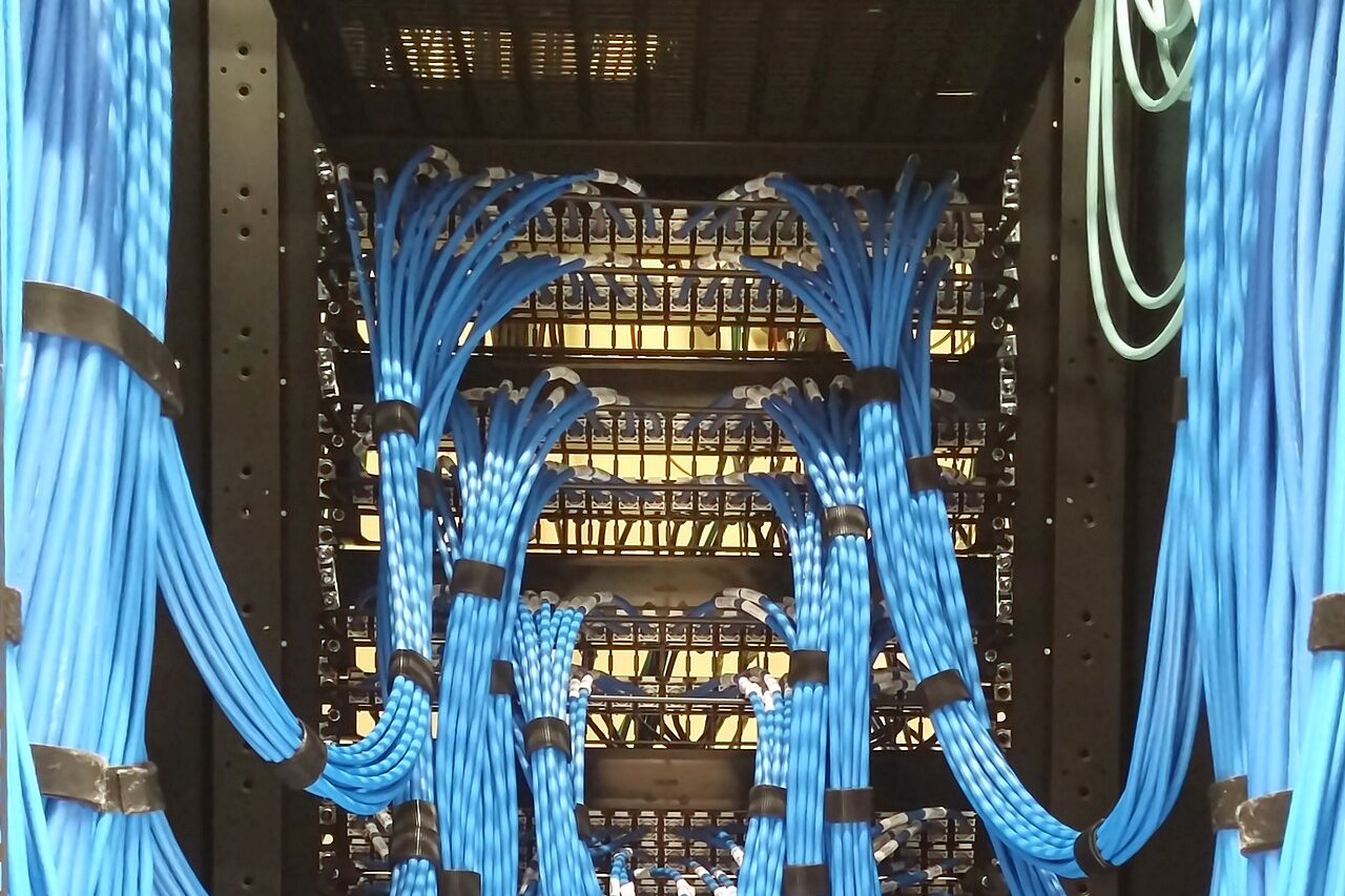 Labelled network patch panel with cables connected